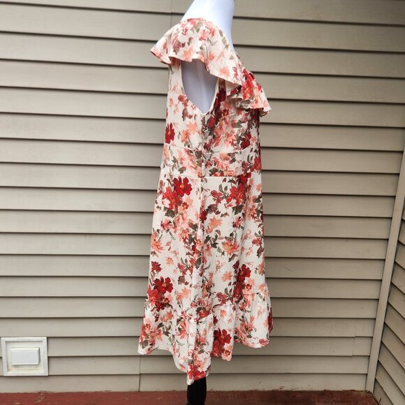 Cato Plus Multicolor Floral Print Dress Cream Red Flounce Hem Crepe Ruffle - Picture 12 of 16